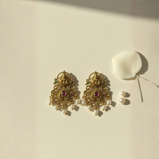 Antique Gold-Plated Ruby Pearl Earrings
