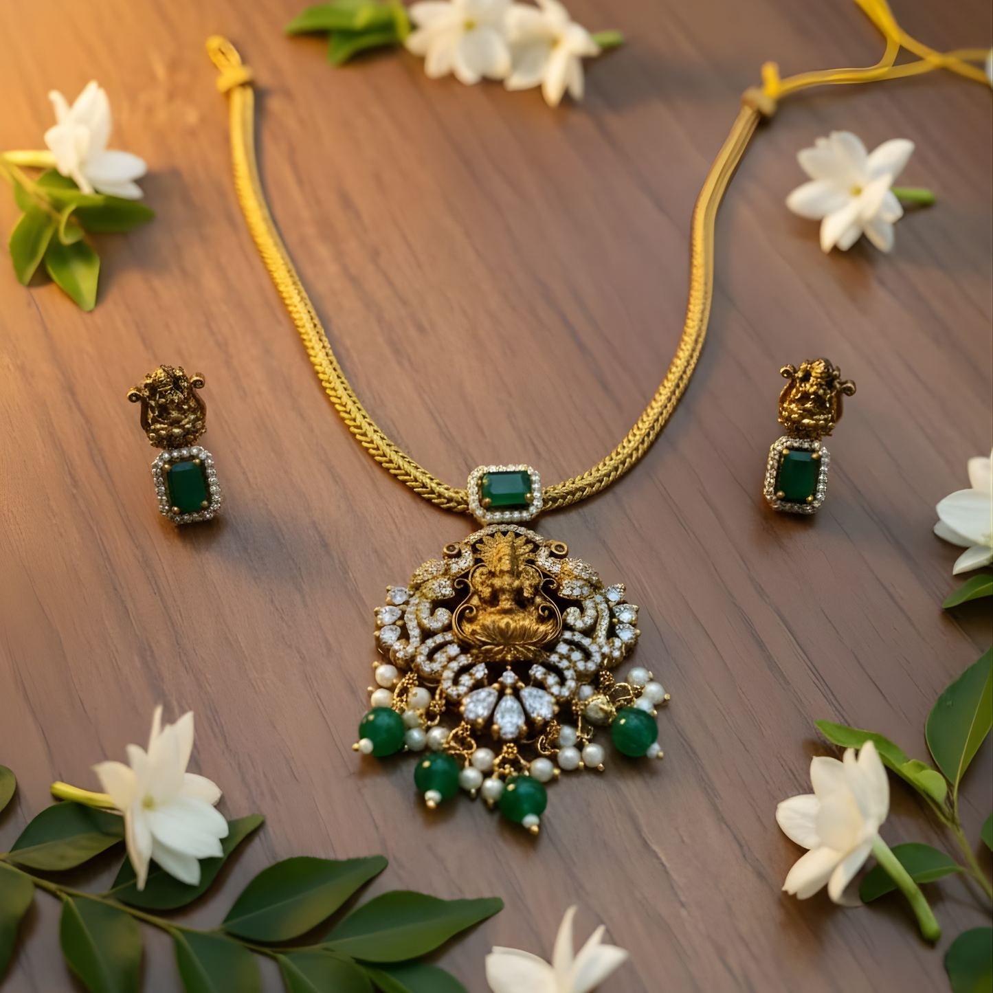 Antique gold Lakshmi necklace with green stones and matching earrings
