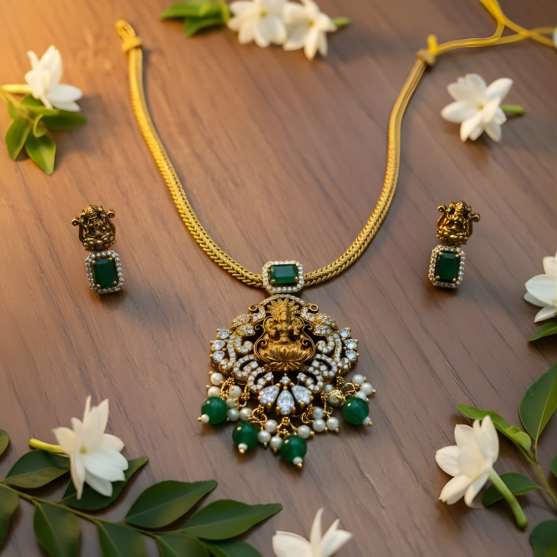 Antique gold Lakshmi necklace with green stones and matching earrings