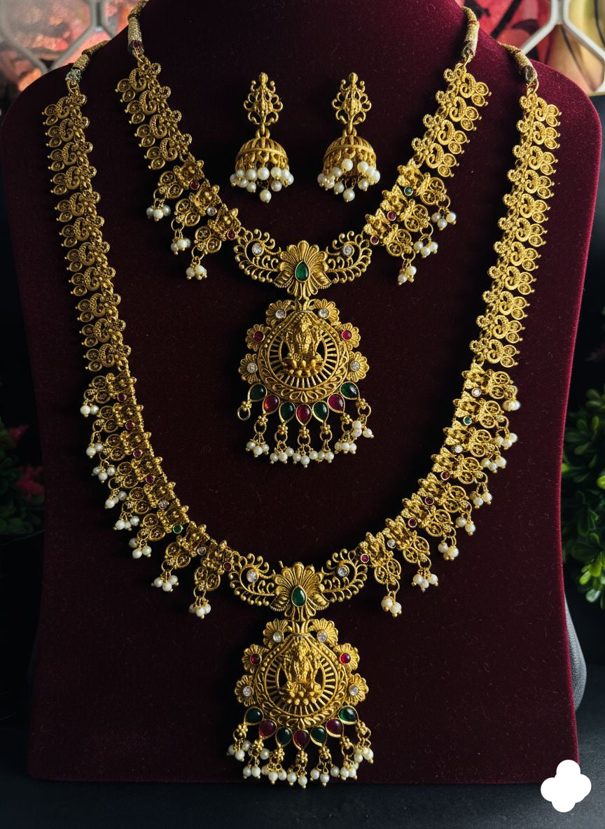 Antique gold Lakshmi temple jewellery set with pearl drops and matching jhumkas