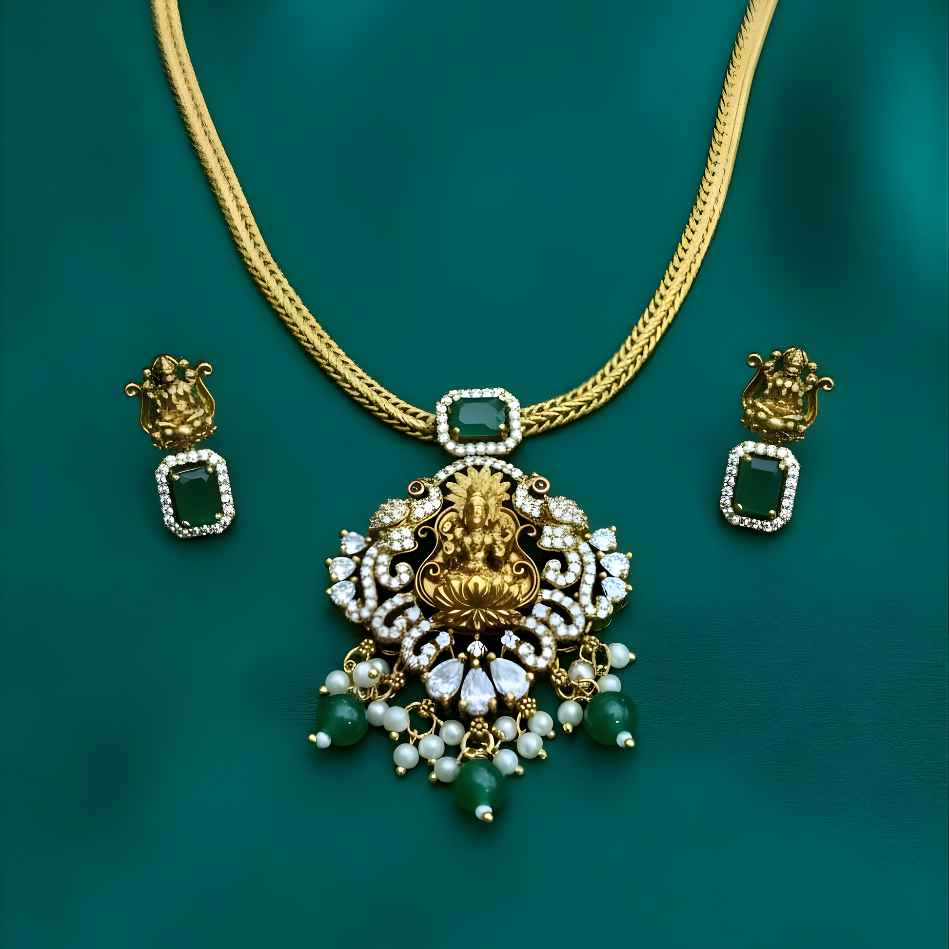 Antique gold Lakshmi necklace with green stones and matching earrings