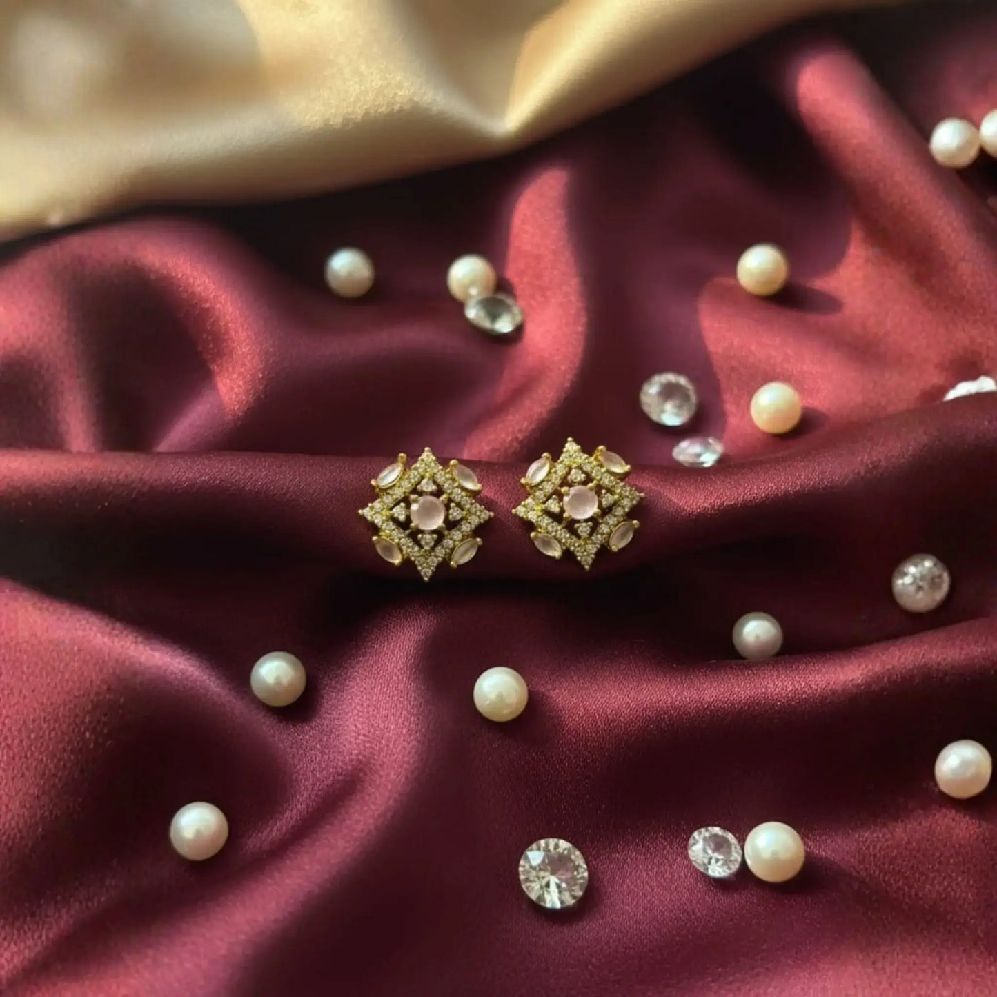 Pearl Stud Earrings With Vintage Crystal Floral Design