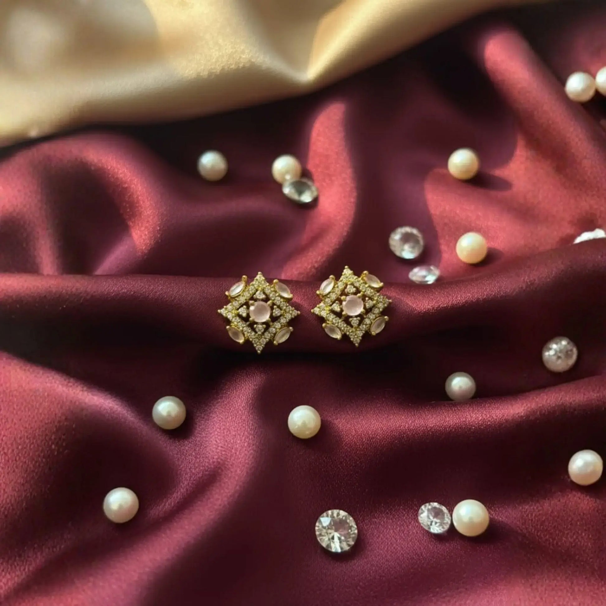 Pearl Stud Earrings With Vintage Crystal Floral Design