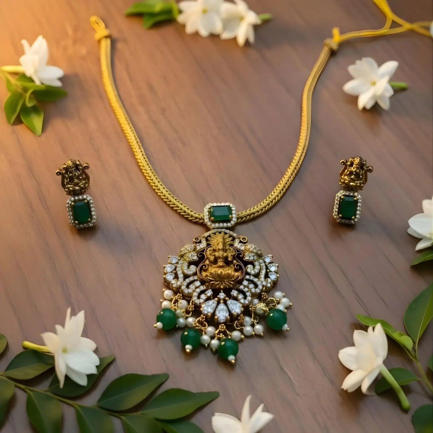 Antique Gold Lakshmi Necklace Set with Green Stones stone detailing