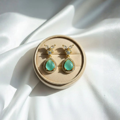 Mint Green Teardrop Earrings With Crystal Drop Design