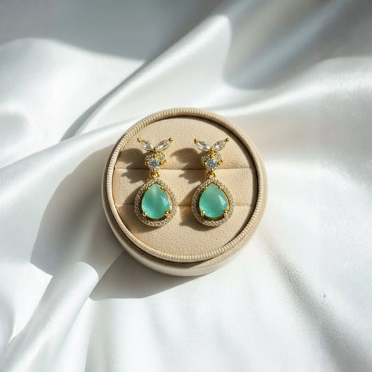 Mint Green Teardrop Earrings With Crystal Drop Design