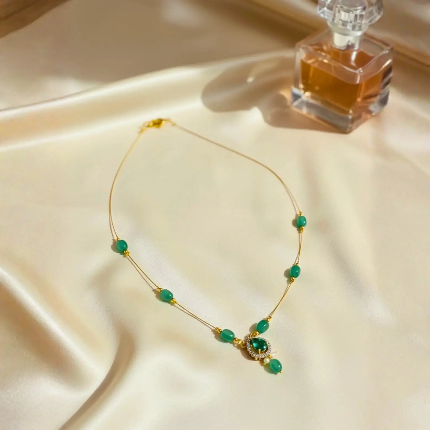 Light Green Bead Necklace With Heart Pendant