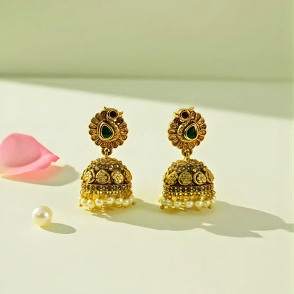Antique Gold Earrings with Green Stones and Pearl Drops