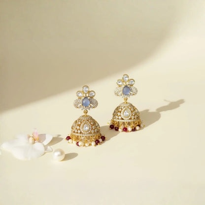 Gold Earrings with Green Stones and Kundan Detailing