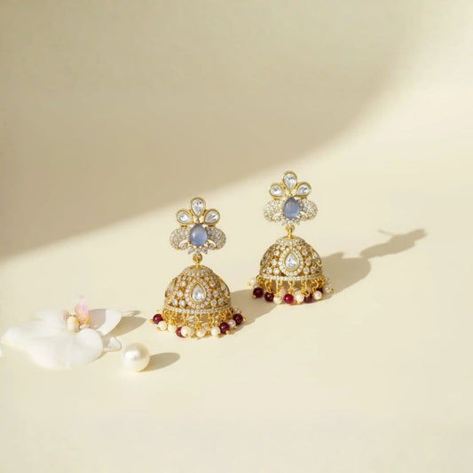 Gold Earrings with Green Stones and Kundan Detailing