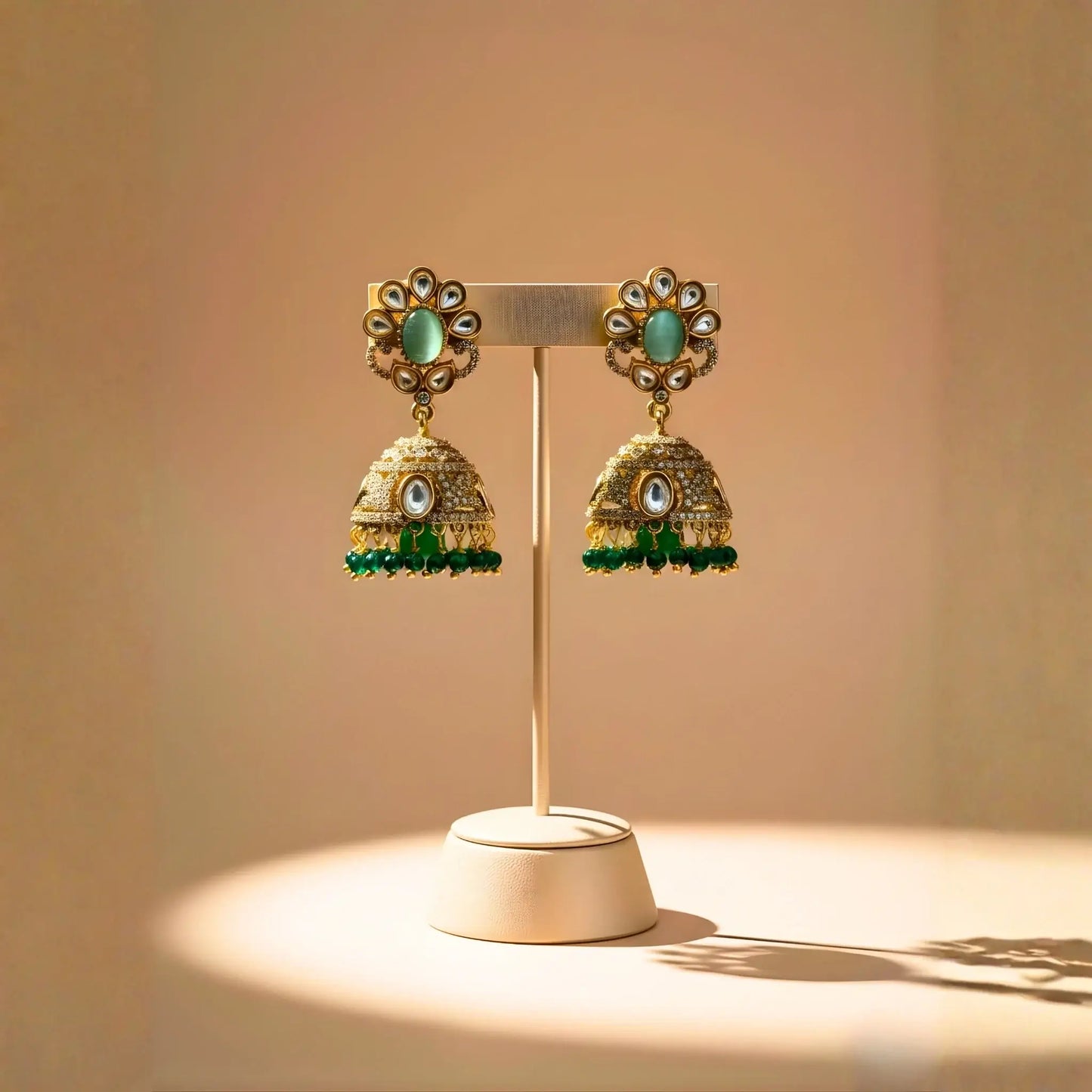 Green Stone Earrings Kundan and Pearl Design