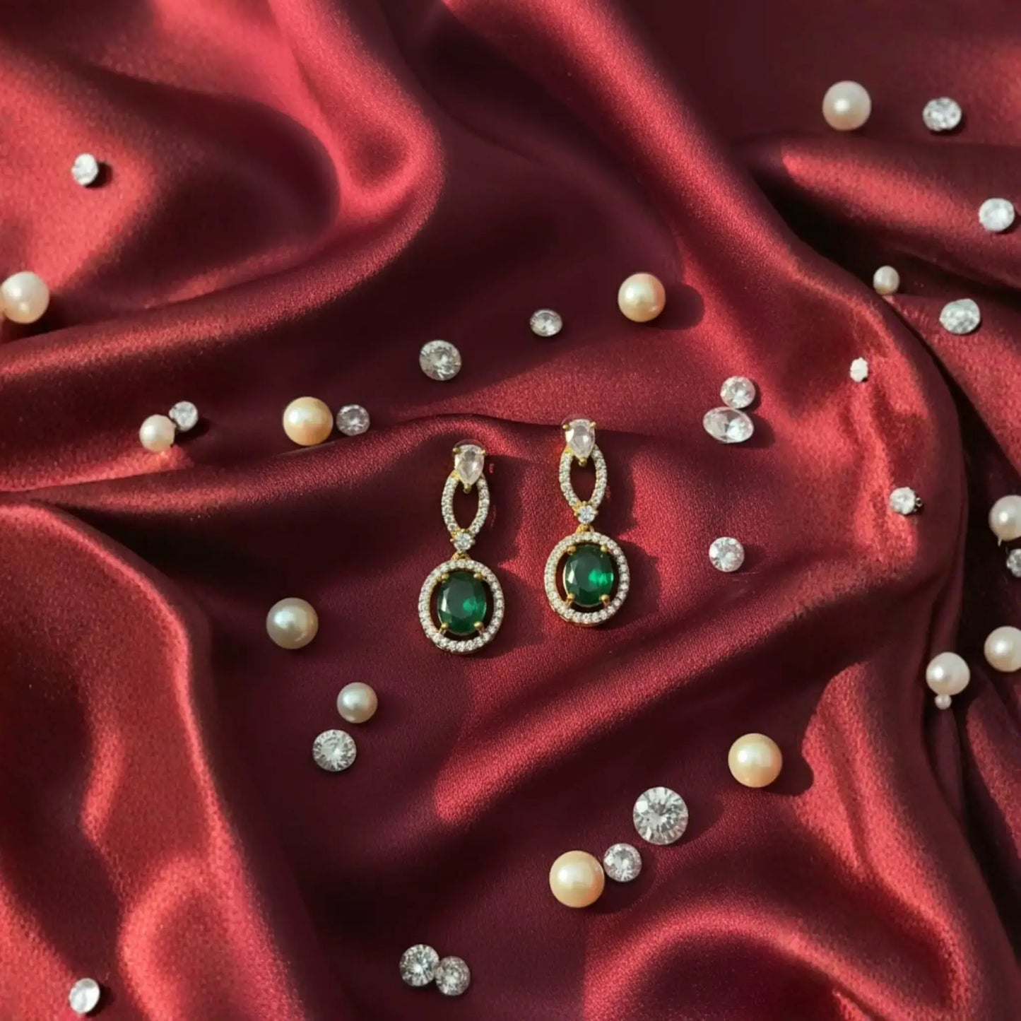 Green Stone Drop Earrings With Crystal Oval Design