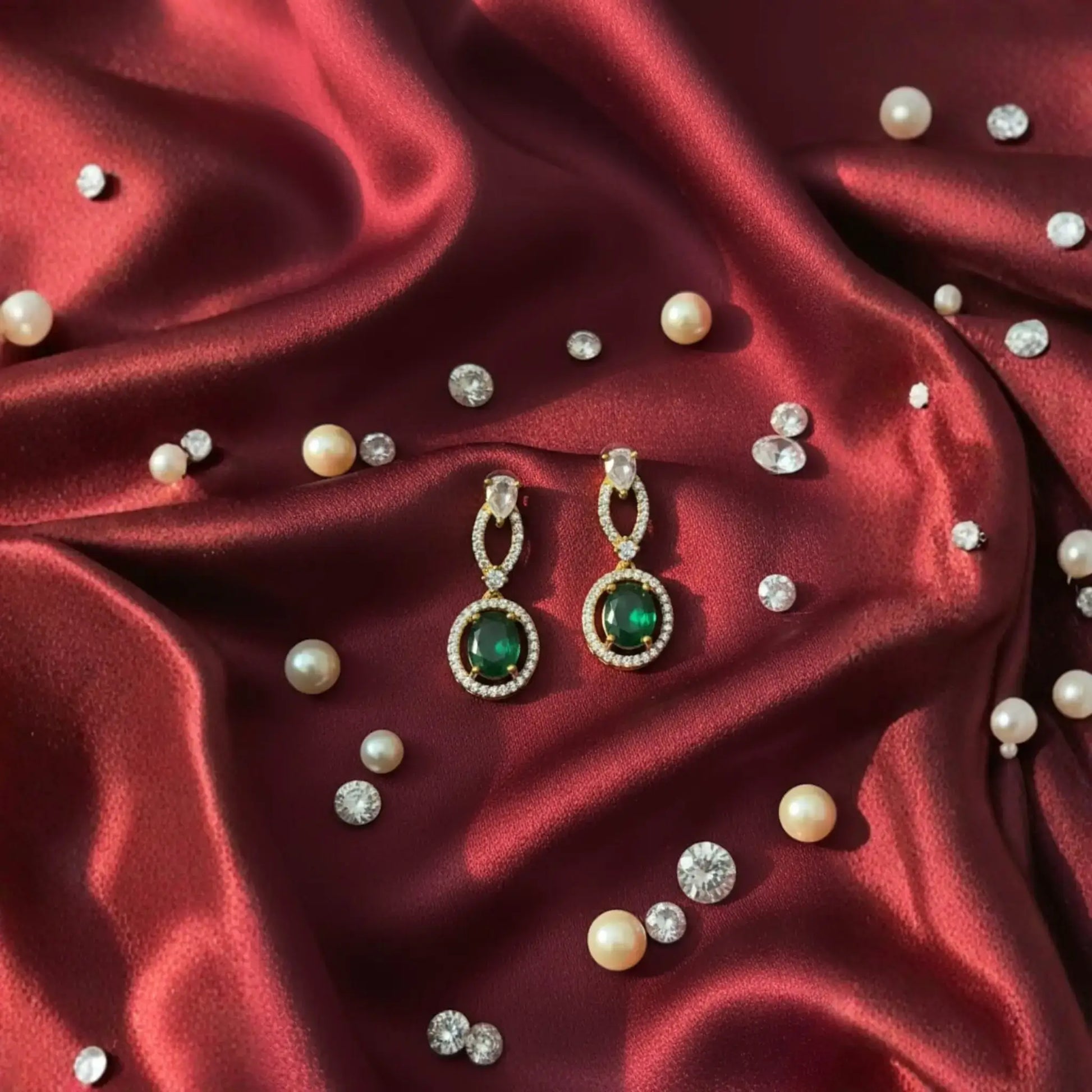 Green Stone Drop Earrings With Crystal Oval Design