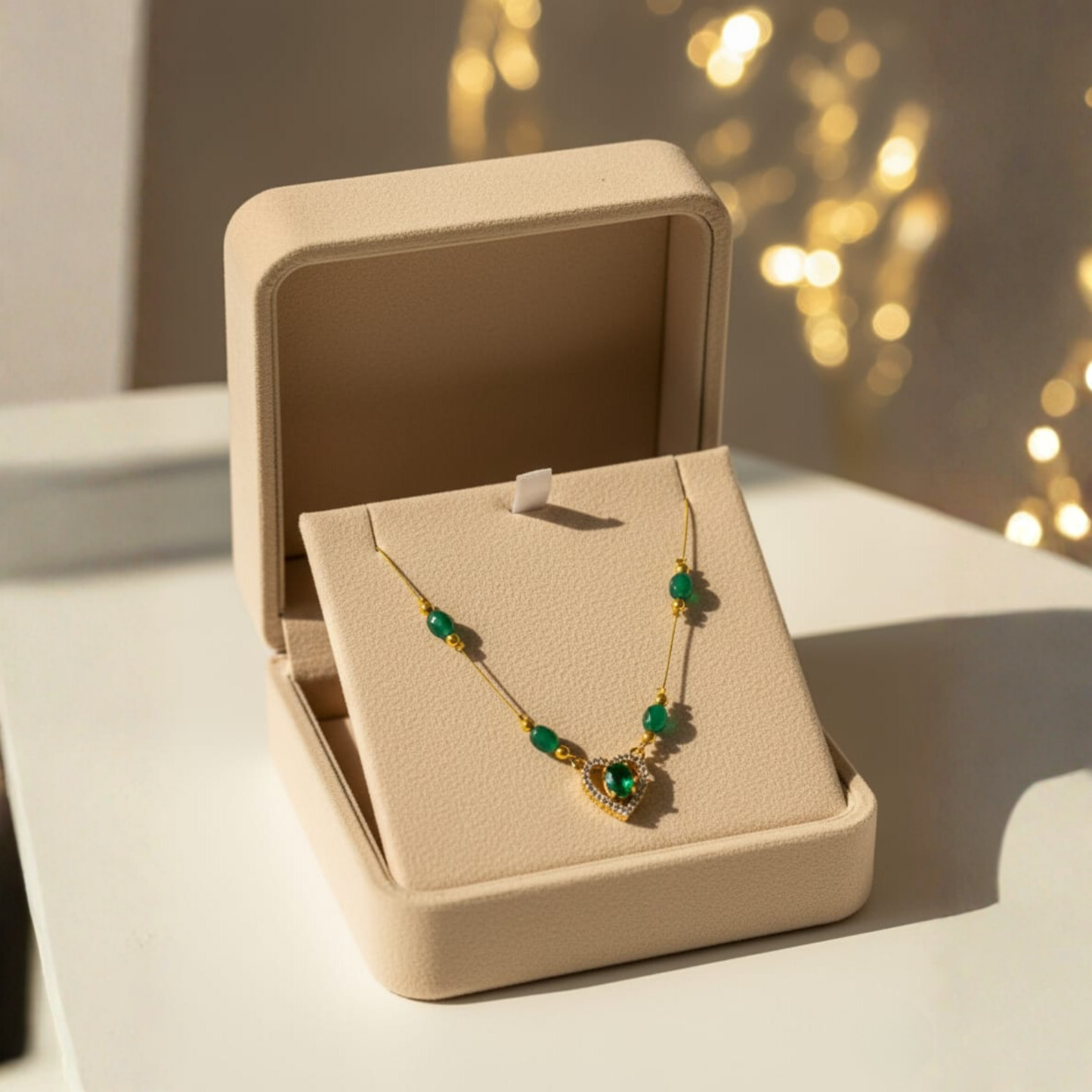 Gold-Plated Green Bead Necklace With Heart Pendant