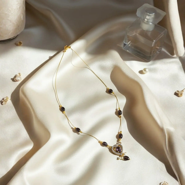 Purple Bead Necklace With Elegant Heart Pendant