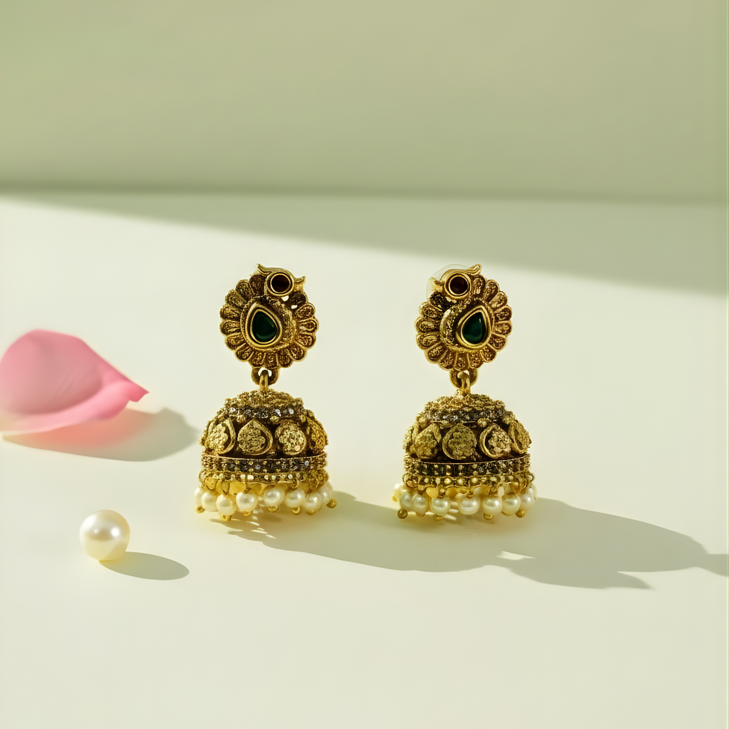 Antique gold earrings with green stones and pearl drops on beige background