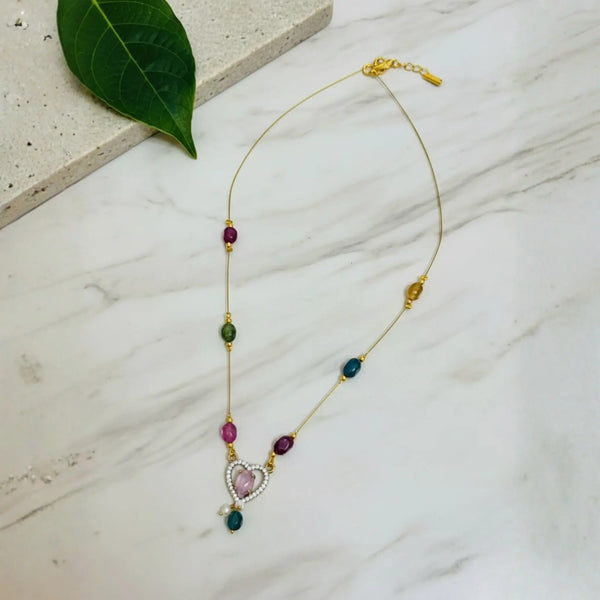 Multicolour Bead Necklace With Heart Pendant