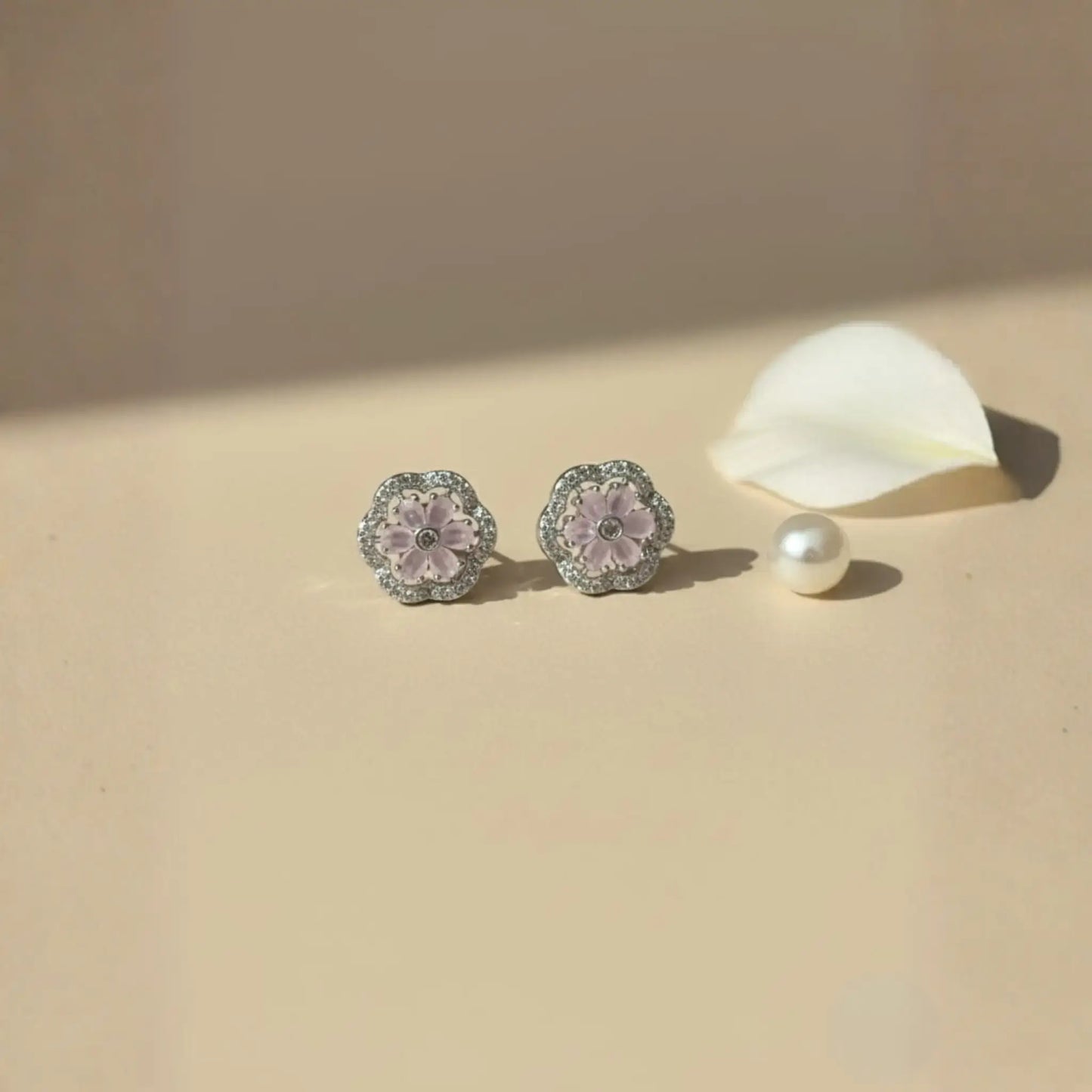 Lavender Floral Stud Earrings With Crystals