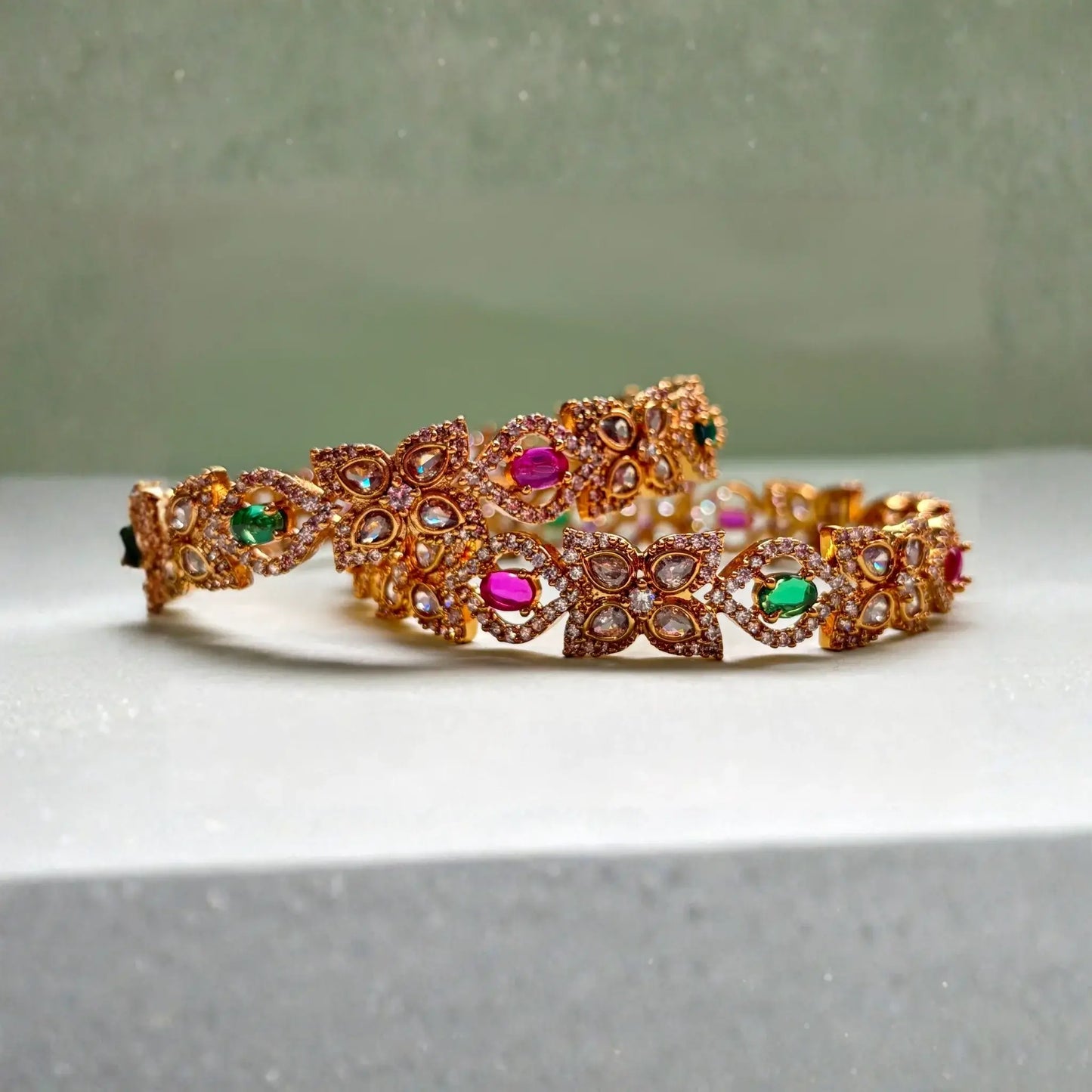 Floral Gold-Plated Bangles With Ruby and Emerald Design