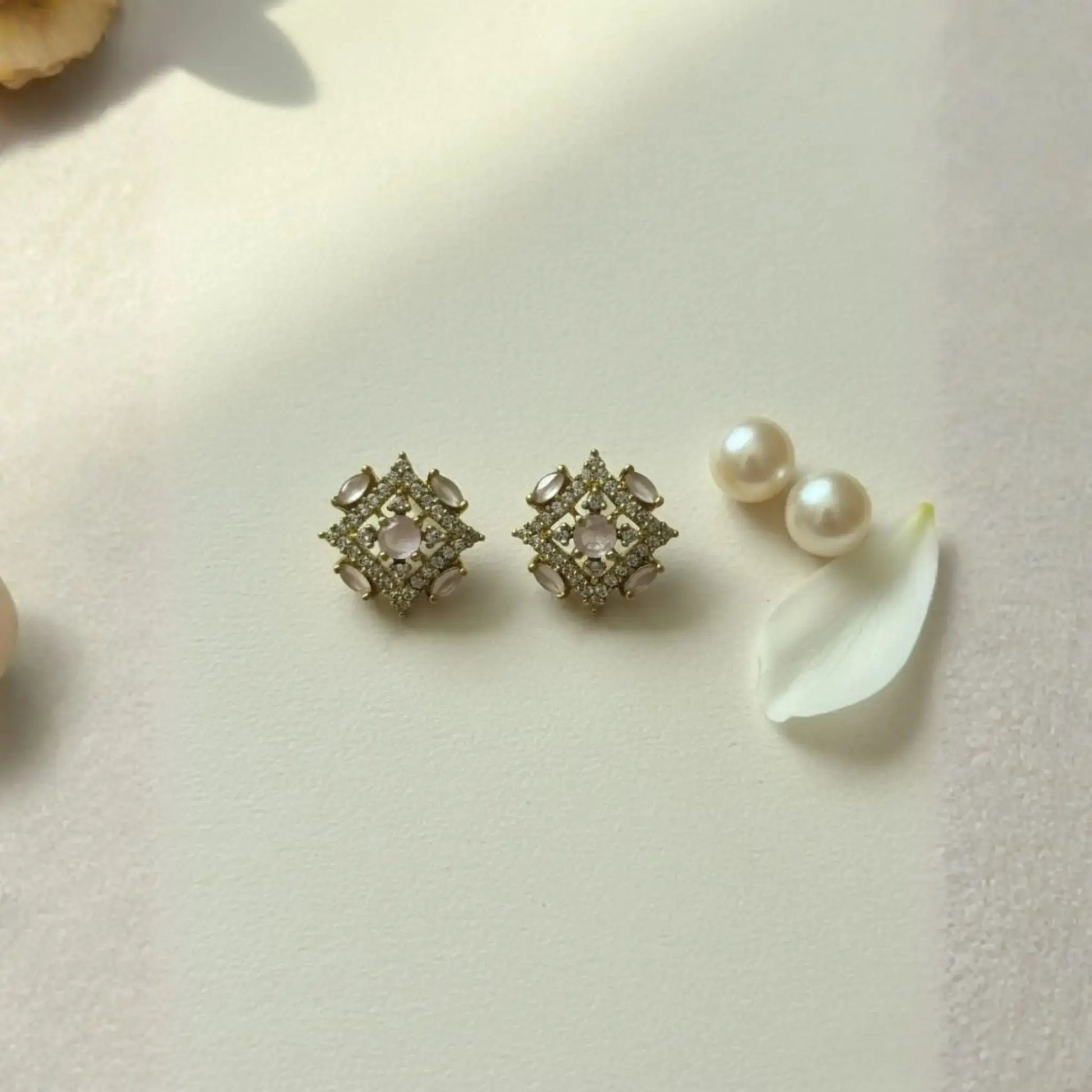Pearl Stud Earrings With Vintage Crystal Floral Design