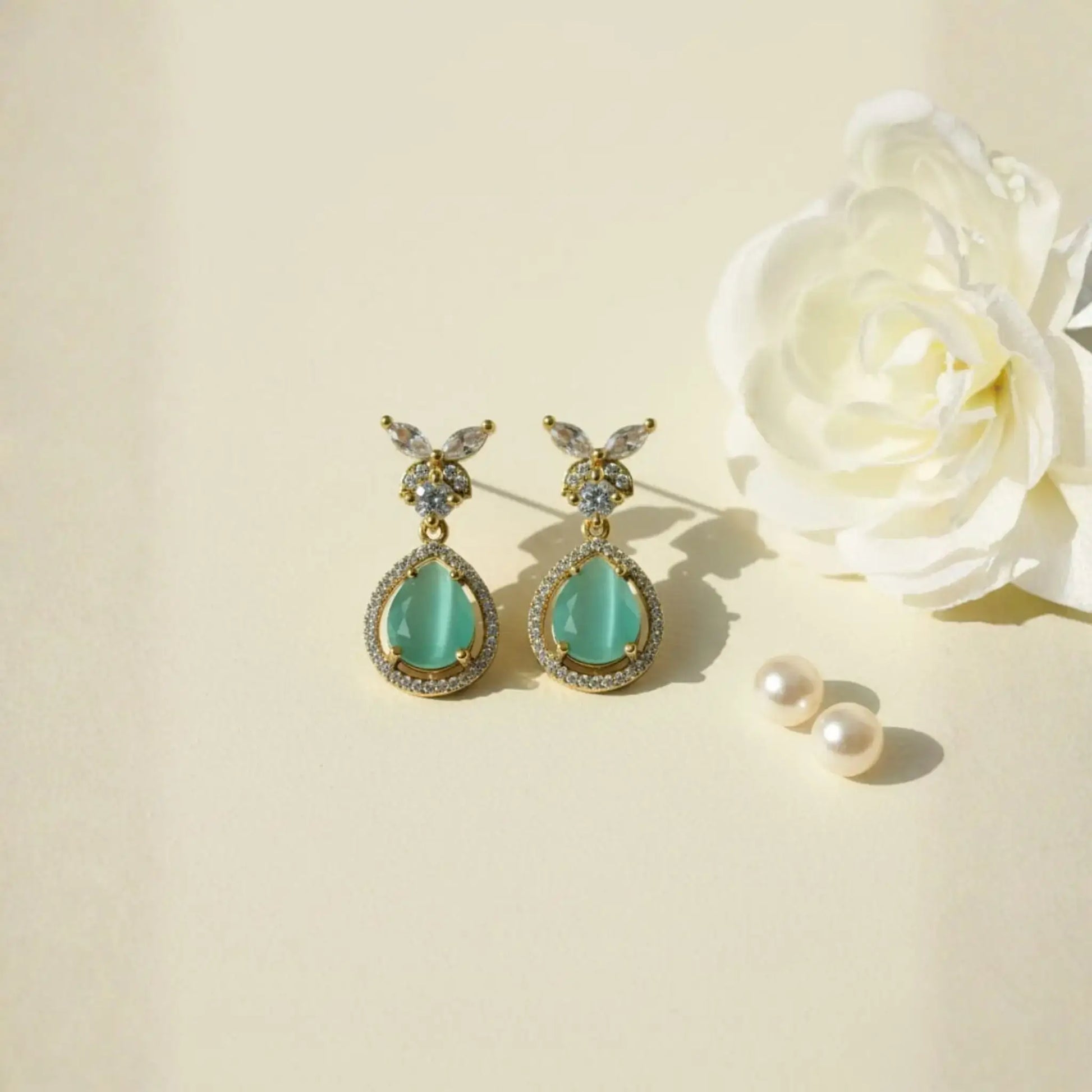 Mint Green Teardrop Earrings With Crystal Drop Design