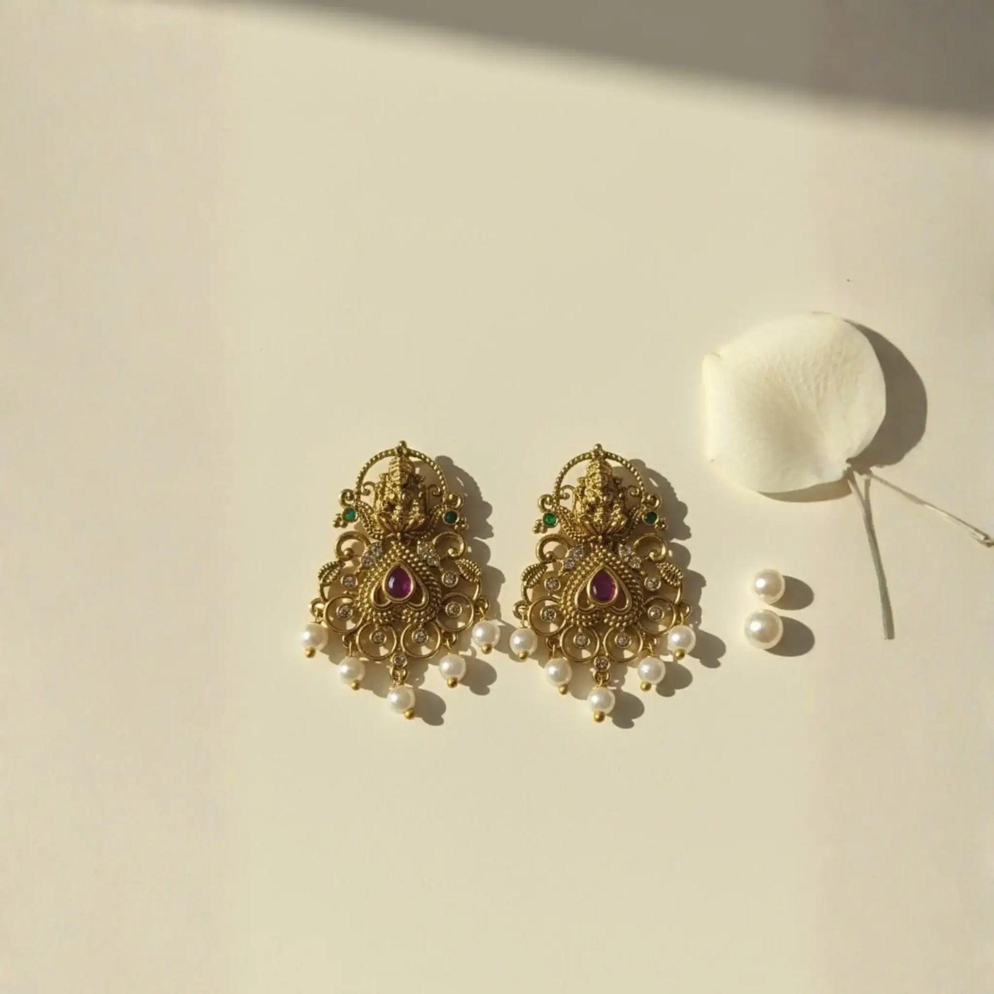 Antique Gold-Plated Ruby Pearl Earrings