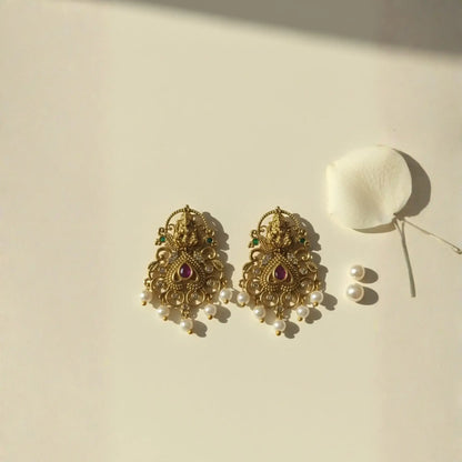 Antique Gold-Plated Ruby Pearl Earrings