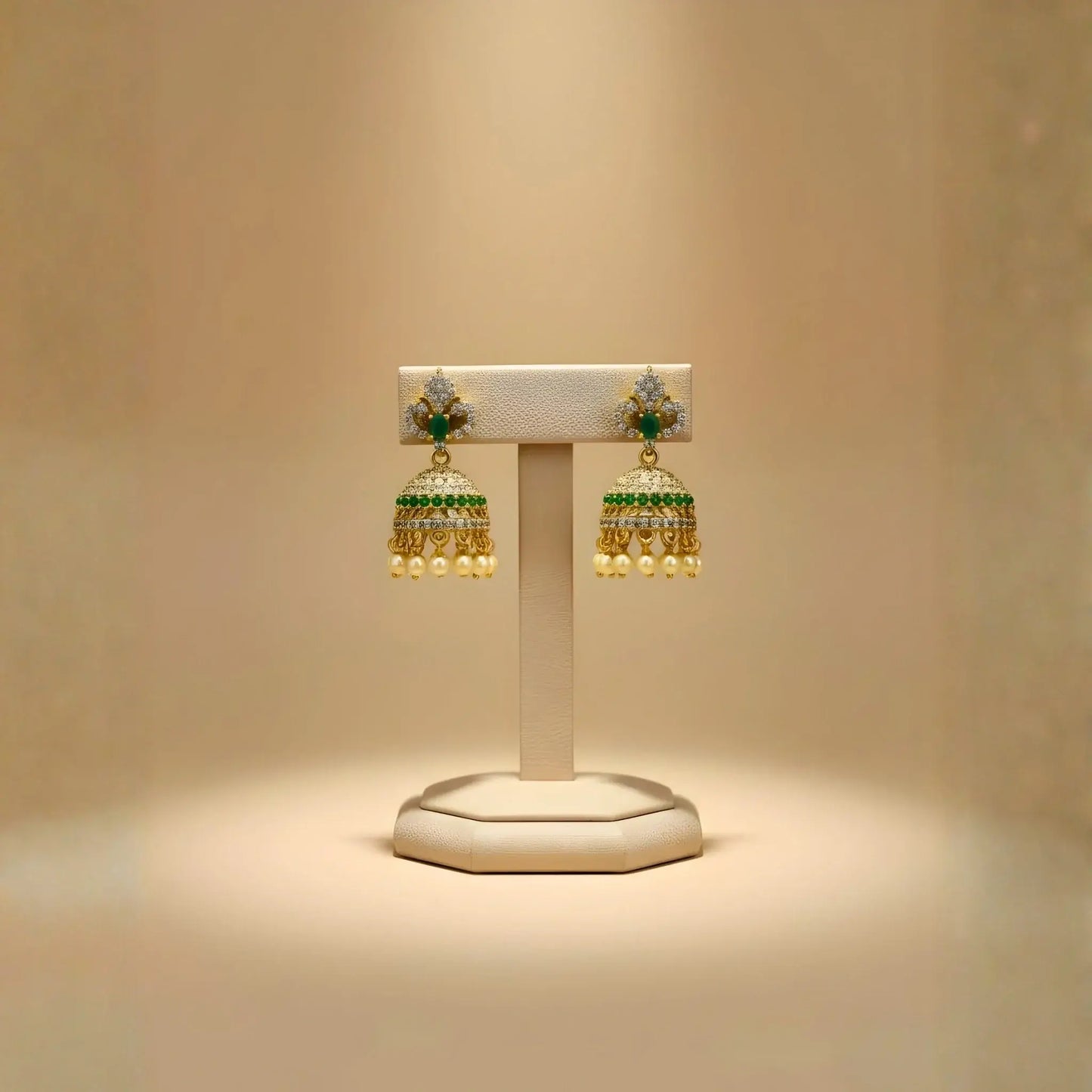 Gold and Green Earrings with Pearl Drops