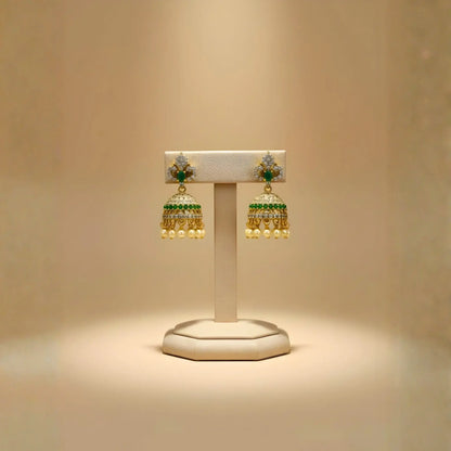 Gold and Green Earrings with Pearl Drops