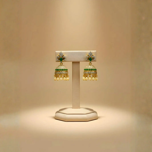 Gold and Green Earrings with Pearl Drops
