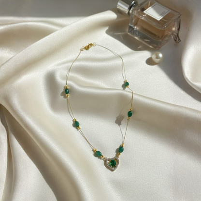 Gold-Plated Green Bead Necklace With Heart Pendant