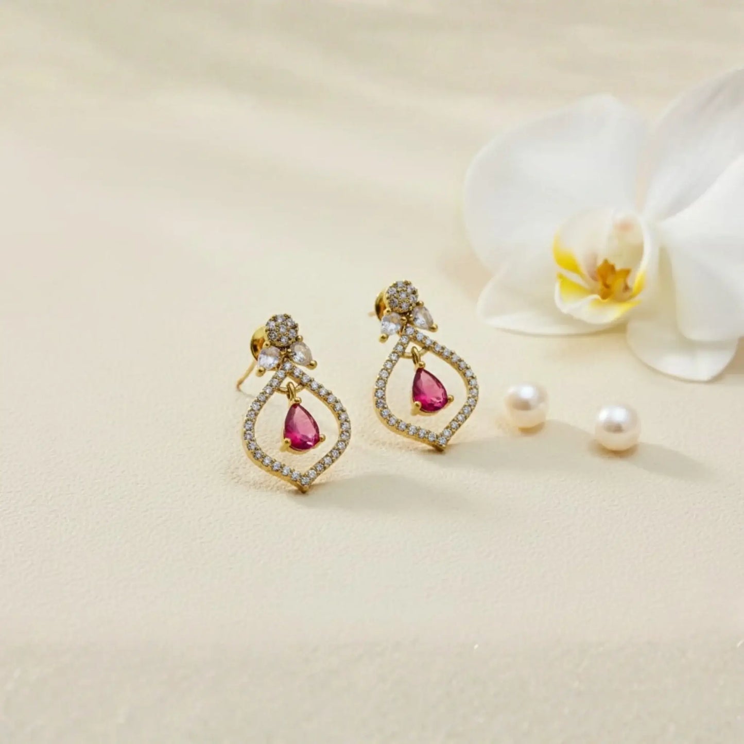 Pink Stone Earrings With Elegant Crystal Drop