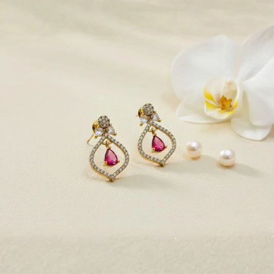 Pink Stone Earrings With Elegant Crystal Drop