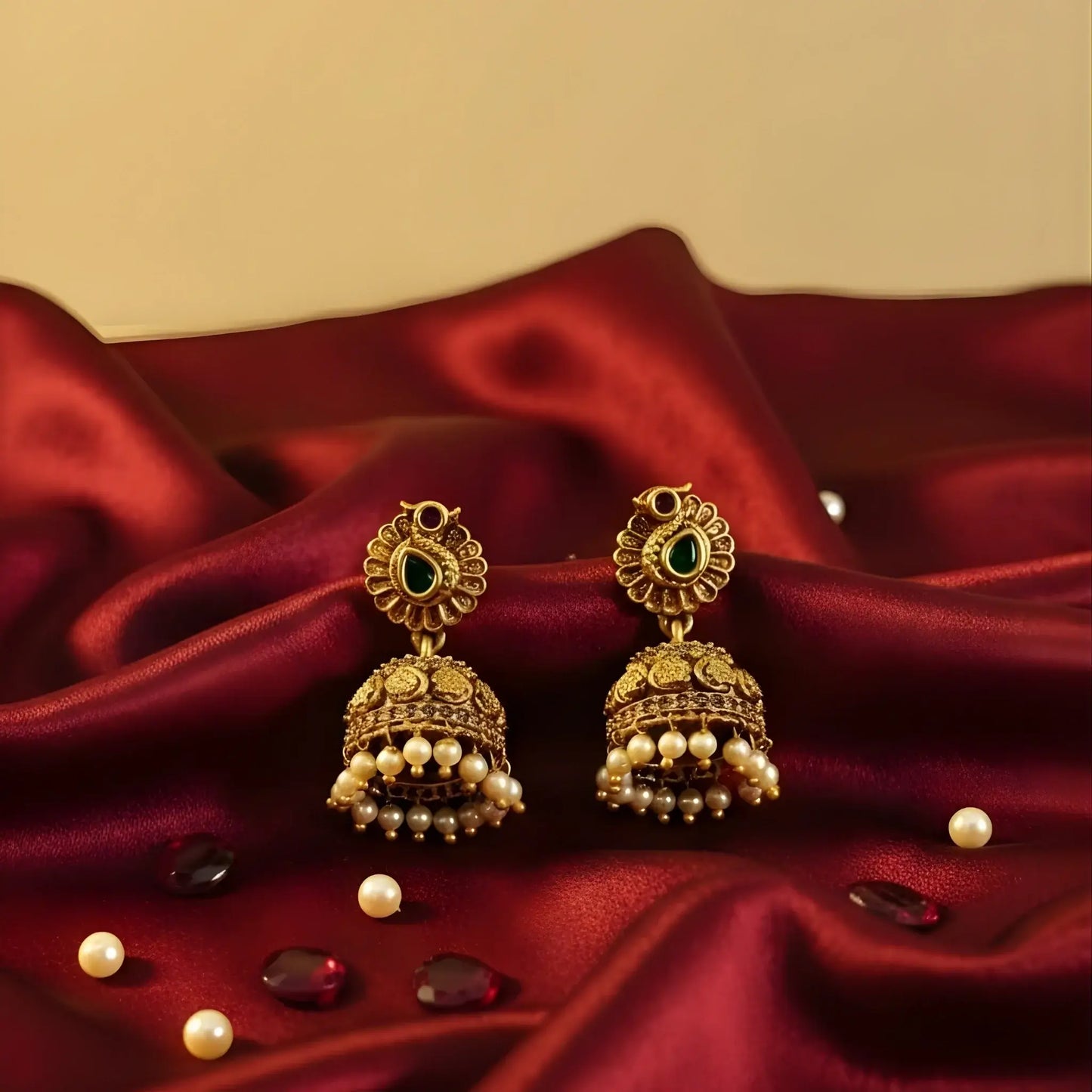 Antique Gold Earrings with Green Stones and Pearl Drops