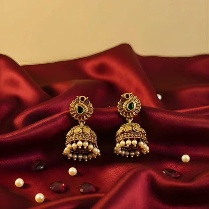 Antique Gold Earrings with Green Stones and Pearl Drops