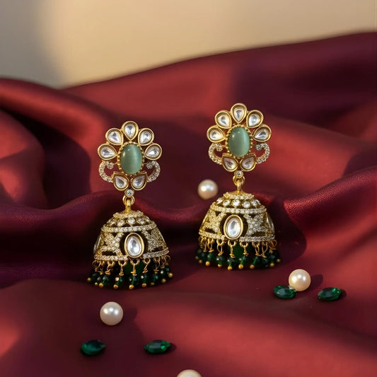 Green Stone Earrings Kundan and Pearl Design