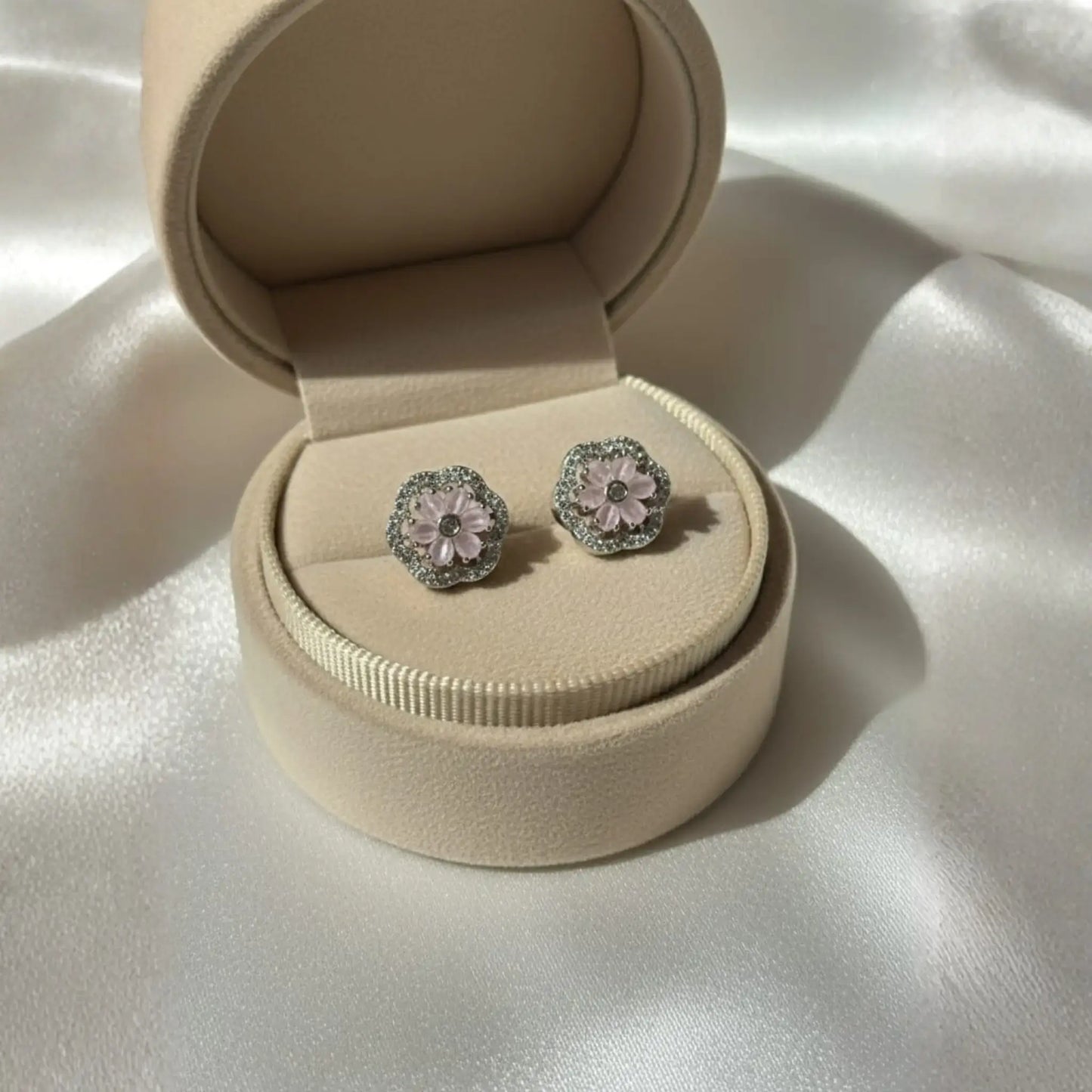 Lavender Floral Stud Earrings With Crystals