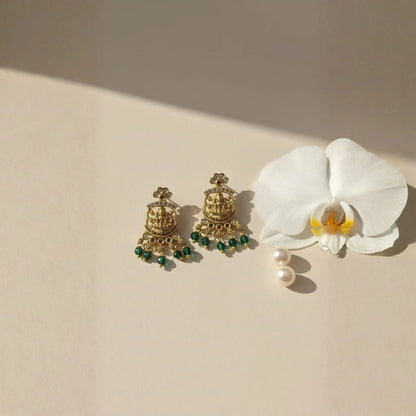 Antique Temple Earrings With Green Beads