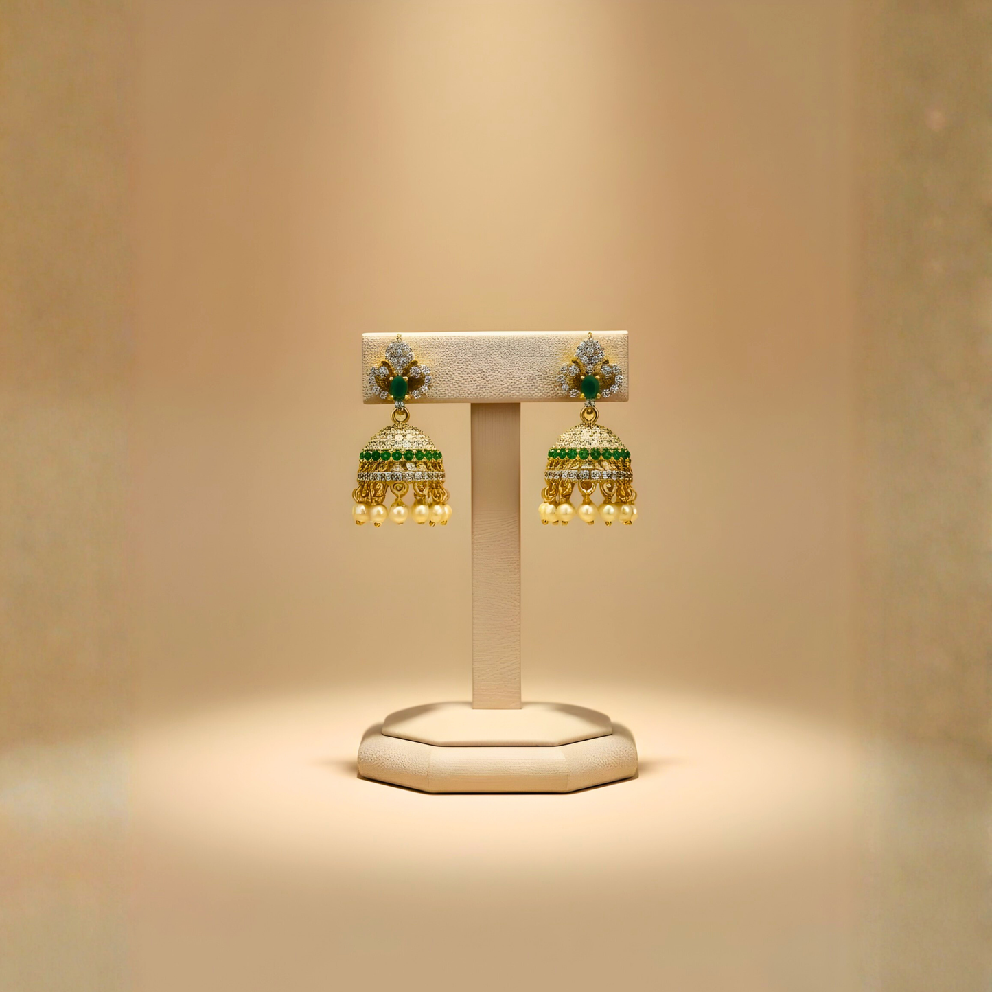 Gold & Green Earrings with Pearl Drops