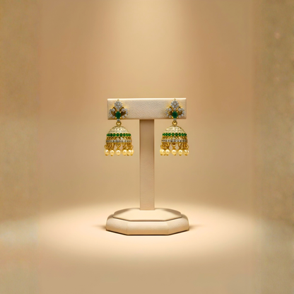 Gold & Green Earrings with Pearl Drops