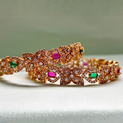 Floral Gold-Plated Bangles With Ruby and Emerald Design