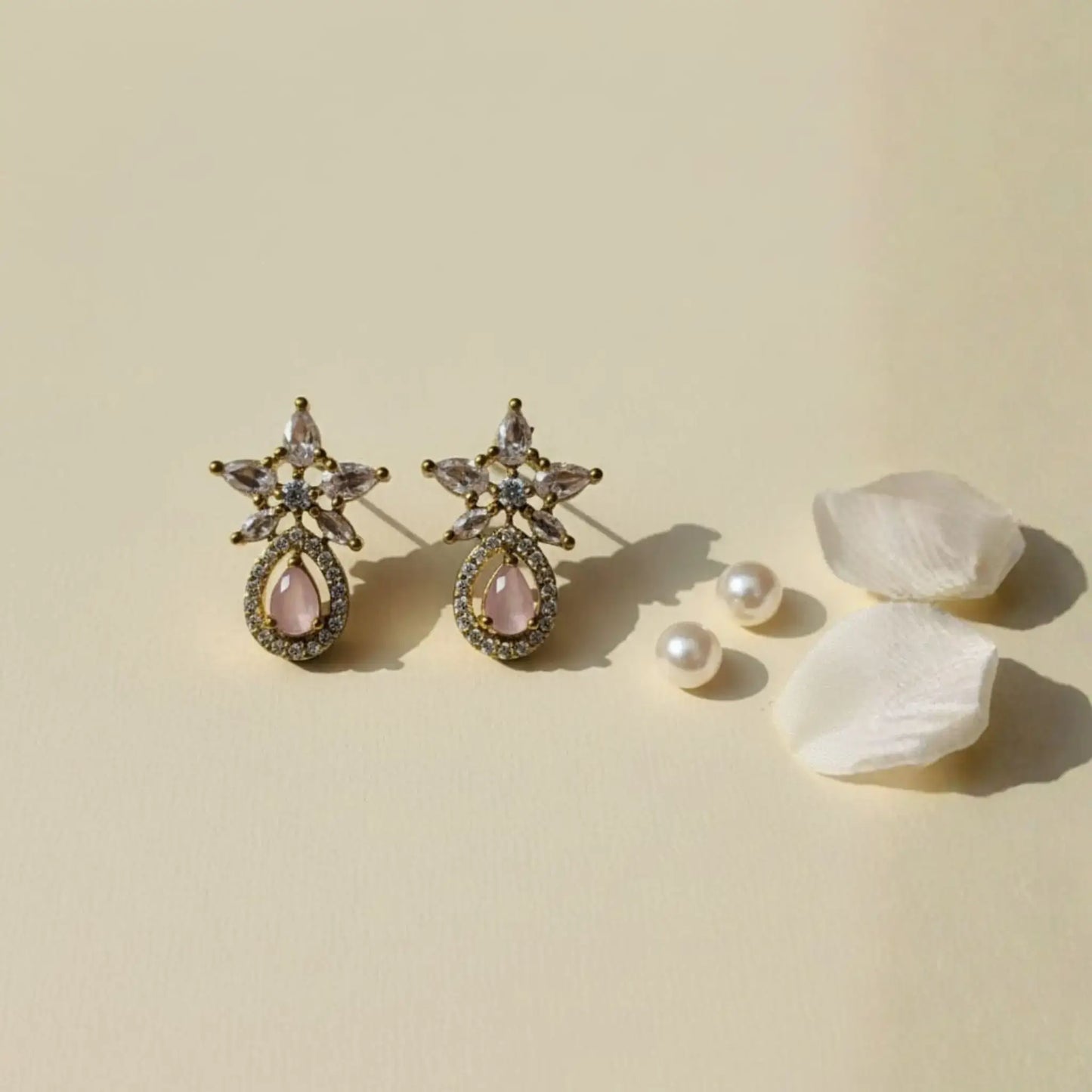 Blush Pink Drop Earrings With Elegant Crystals Detailing Look