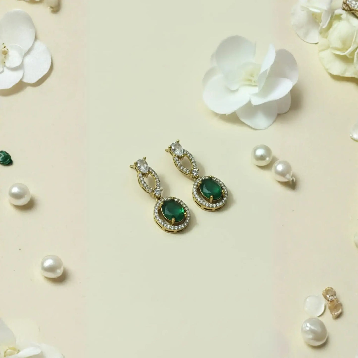 Green Stone Drop Earrings With Crystal Oval Design