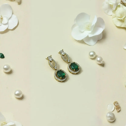 Green Stone Drop Earrings With Crystal Oval Design