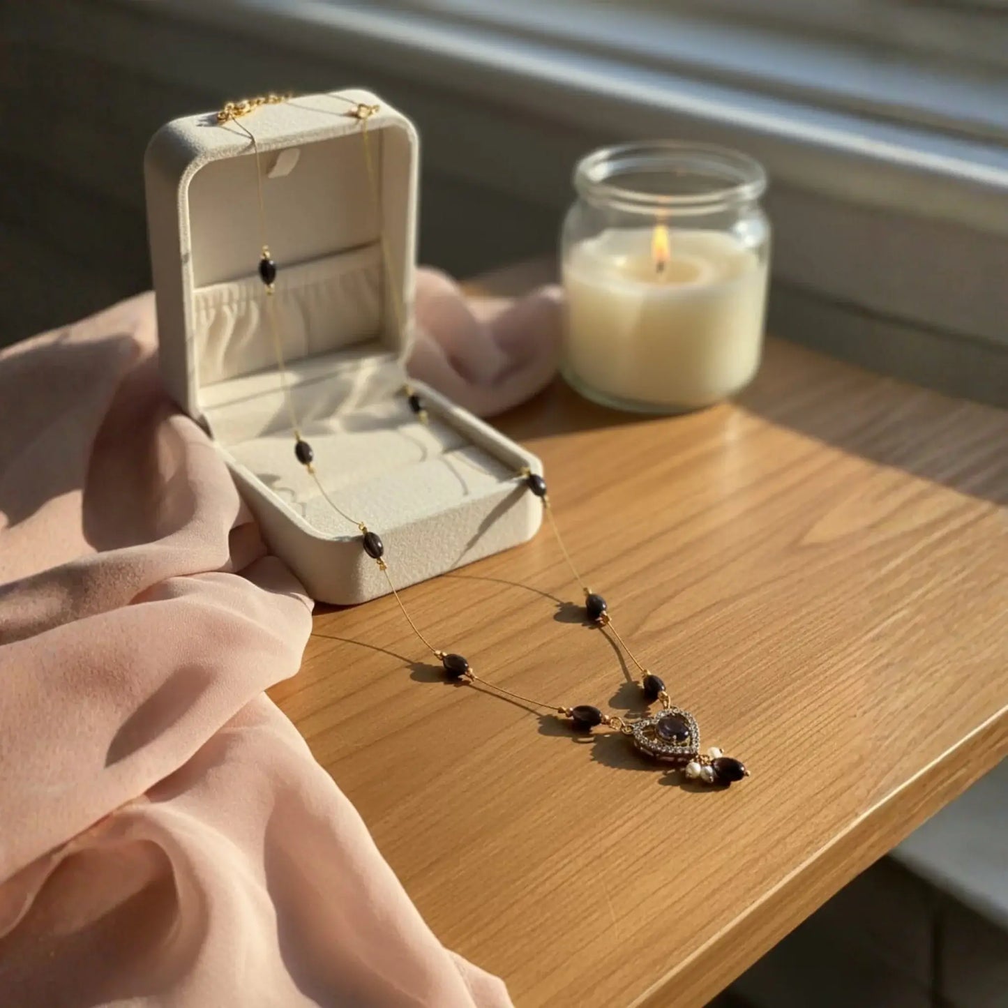 Purple Bead Necklace With Elegant Heart Pendant