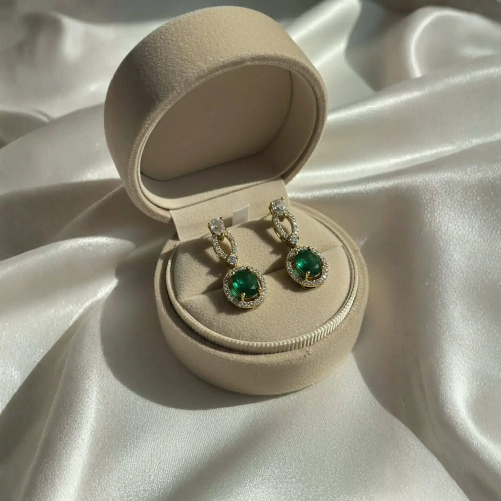 Green Stone Drop Earrings With Crystal Oval Design