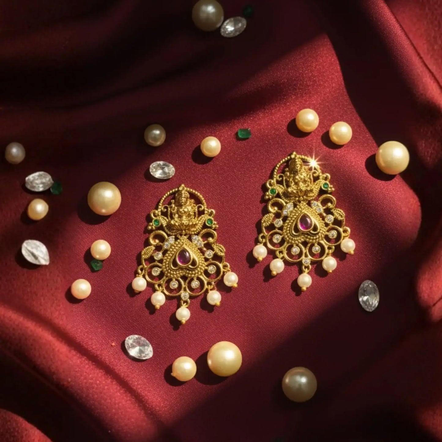 Antique Gold-Plated Ruby Pearl Earrings