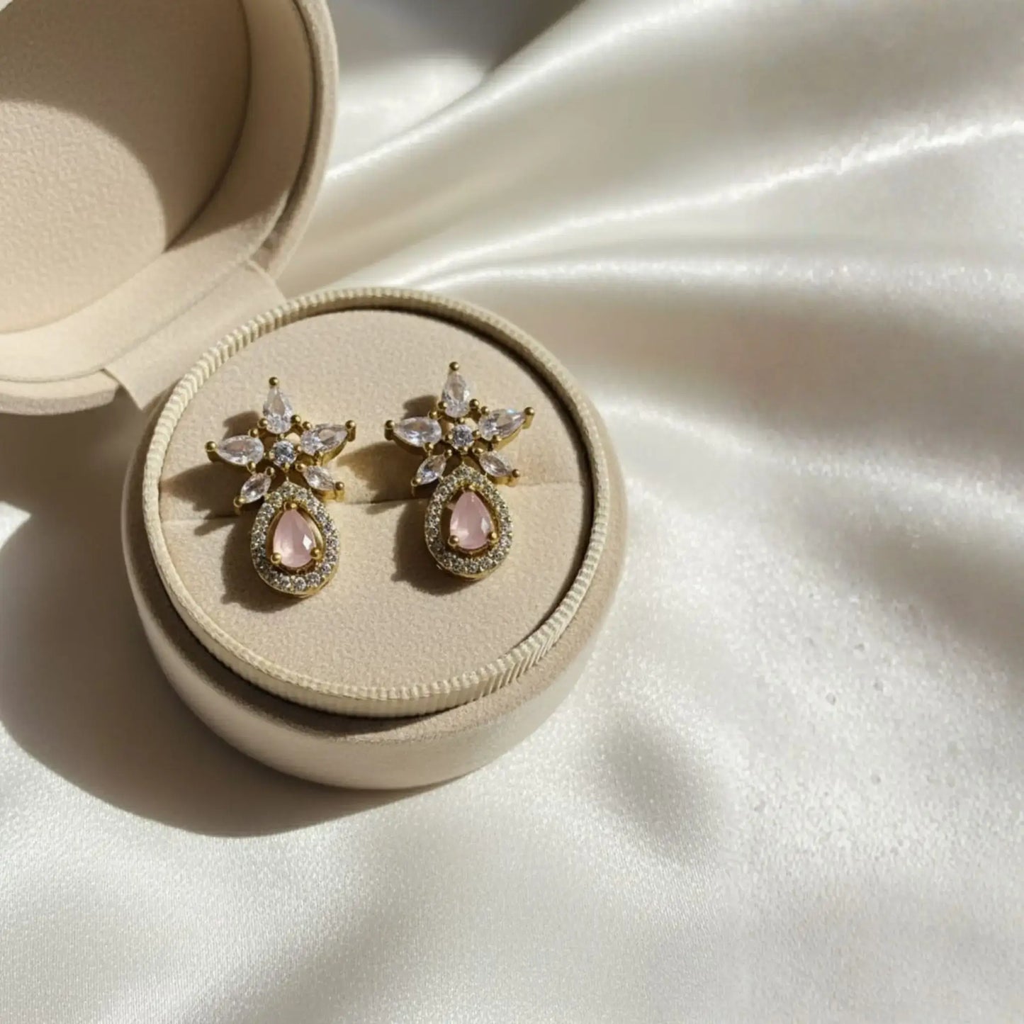 Blush Pink Drop Earrings With Elegant Crystals Detailing Look