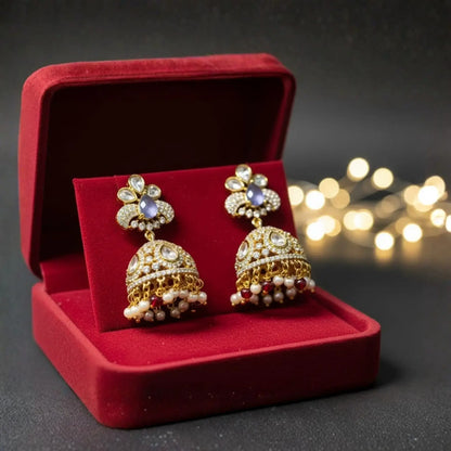 Gold Earrings with Green Stones and Kundan Detailing