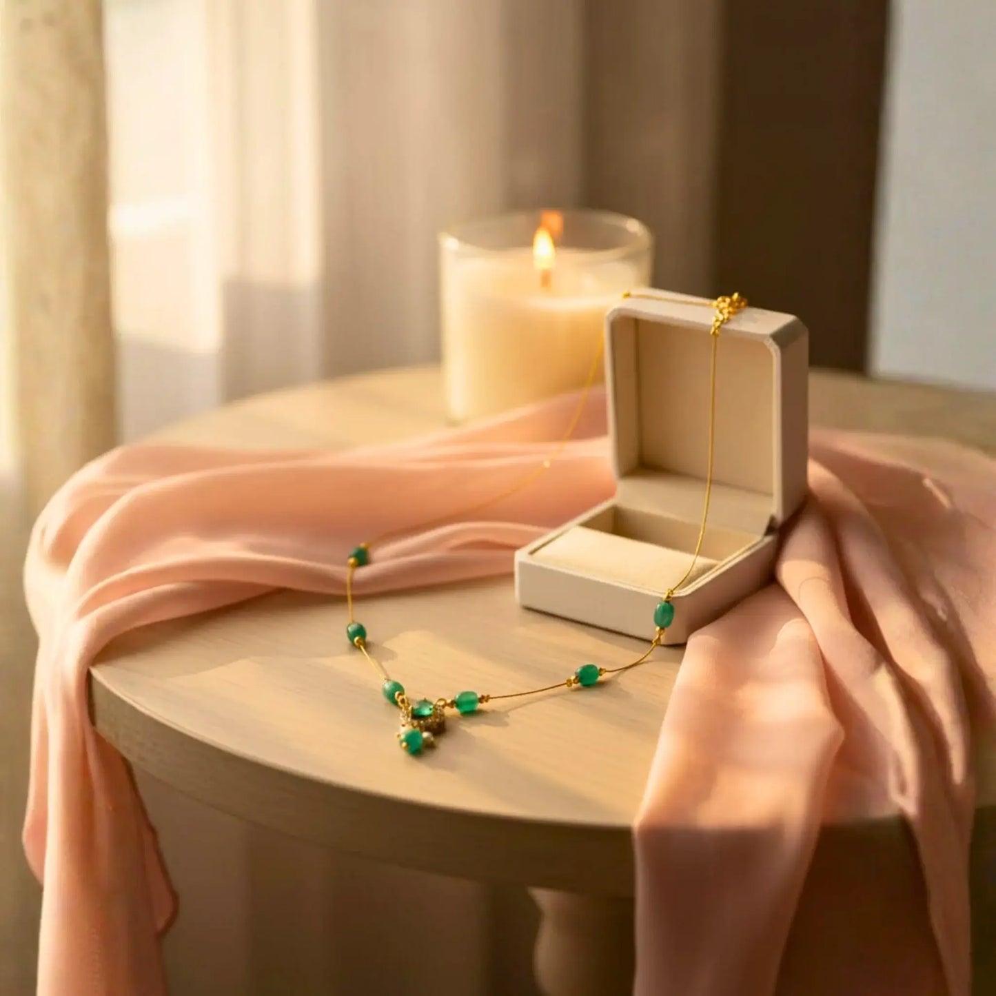 Light Green Bead Necklace With Heart Pendant